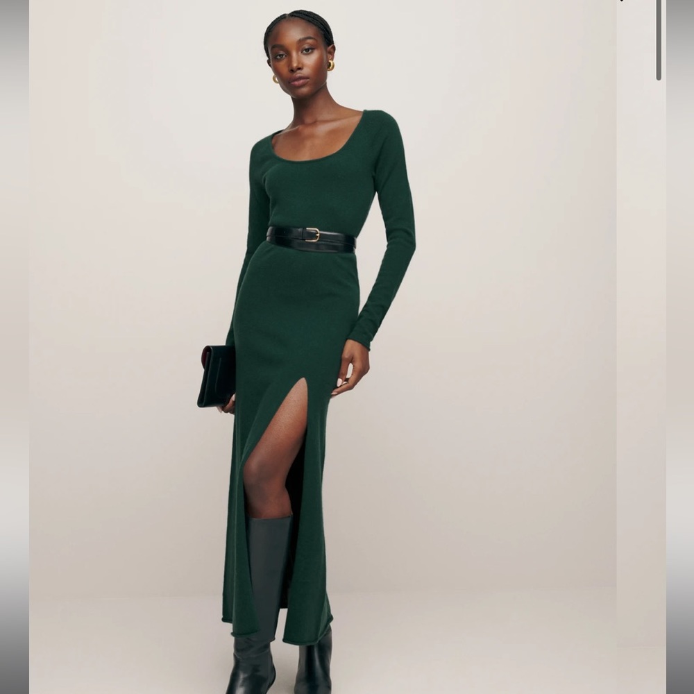Reformation Forest Green Long Sleeve Scoop Neck Maxi Dress